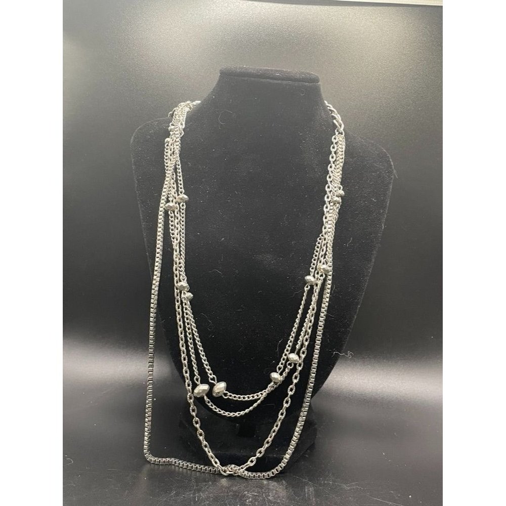 Silvertone Beaded Layered Necklace Length 24 Inches